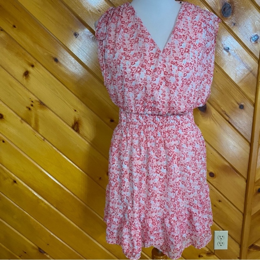 BCBG Pink Smocked Waist Floral Dress L mini